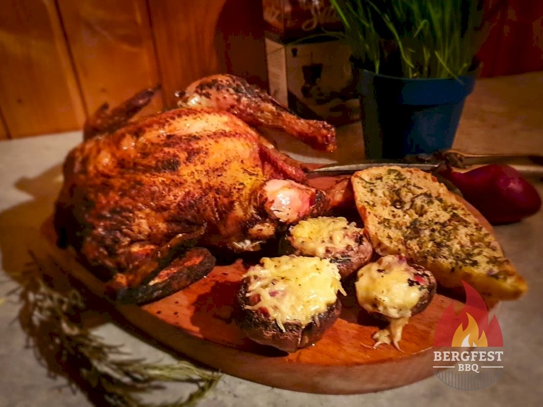 Bierhähnchen mit gefüllten Champignons und Kräuterbaguette